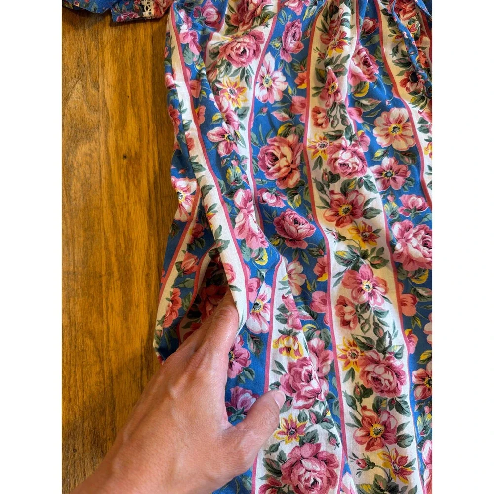 Vintage House Dress Floral Stripe Duster Herbcraft II Blue Pink Snap Front Med